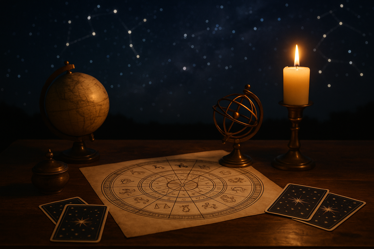 Horoskop dzienny 16 października 2026 – mapa astrologiczna, globus i karty na tle gwiaździstego nieba