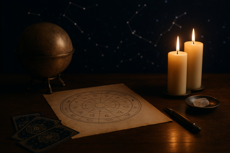 Stara mapa astrologiczna na drewnianym stole obok zapalonych świec, globusa i kart z symbolami.