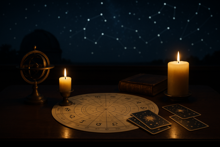 Nocna aranżacja z mapą astrologiczną, kartami tarota, świecami i astrolabium na drewnianym stole