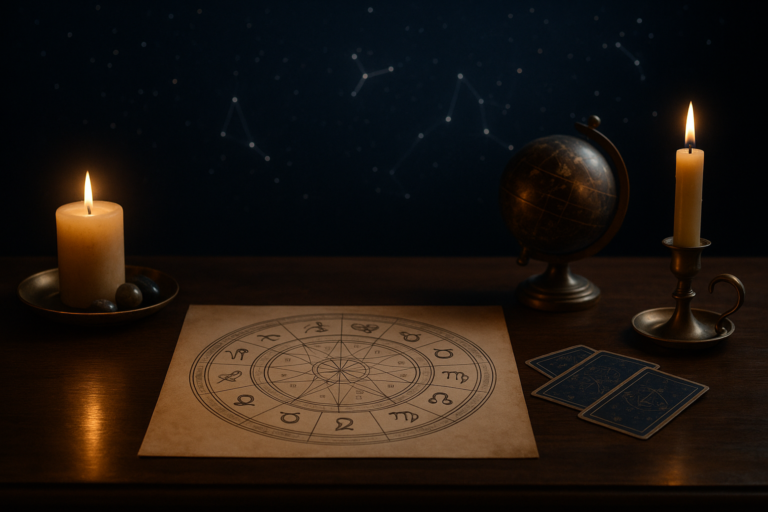 Rozłożona karta z symbolami zodiaku na drewnianym stole, obok globus, zapalone świece i dwie karty.