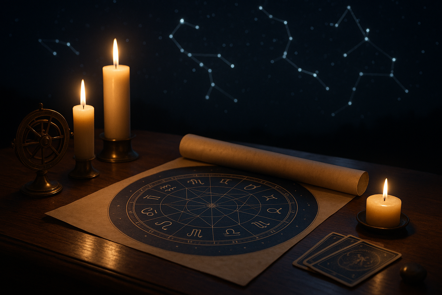 Rozwinięta mapa astrologiczna z kołem zodiaku na drewnianym stole, oświetlona świecami na tle konstelacji
