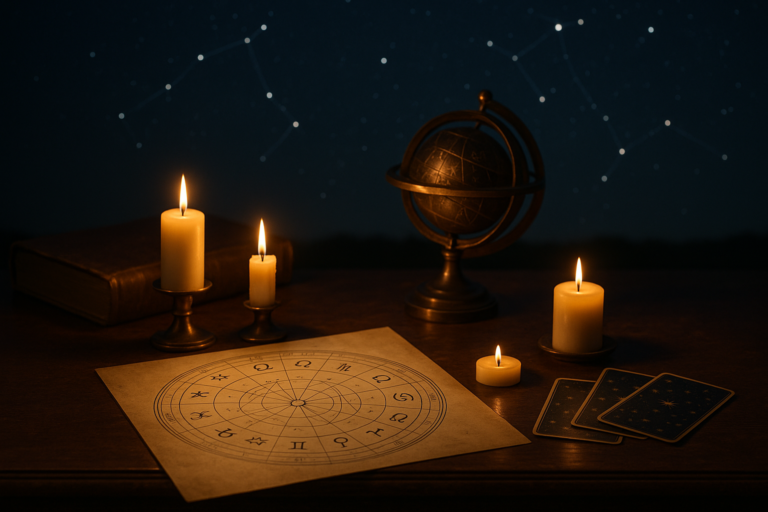 Karta astrologiczna przy świecach Stół z rozłożoną kartą astrologiczną, zapalonymi świecami, globusem astronomicznym i dwiema kartami w przyciemnionym wnętrzu.