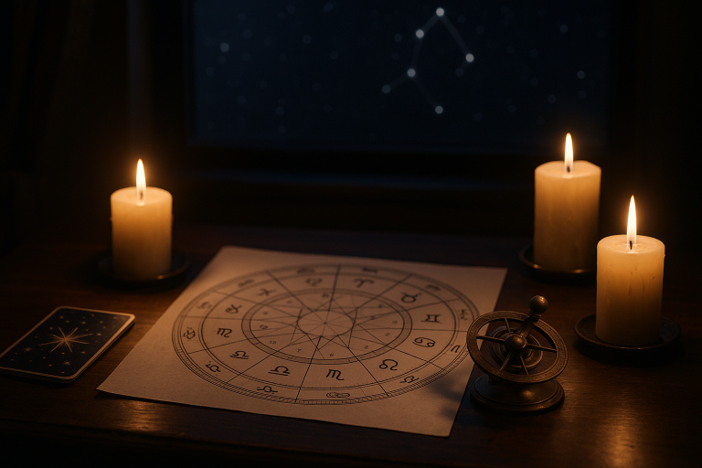 Plansza astrologiczna zodiaku na drewnianym stole, otoczona zapalonymi świecami, kartą gwiazd i ozdobnym astrolabium