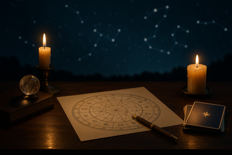 Karta astrologiczna zodiaku na drewnianym stole, obok pióra, kryształowej kuli i zapalonych świec na tle nocnego nieba