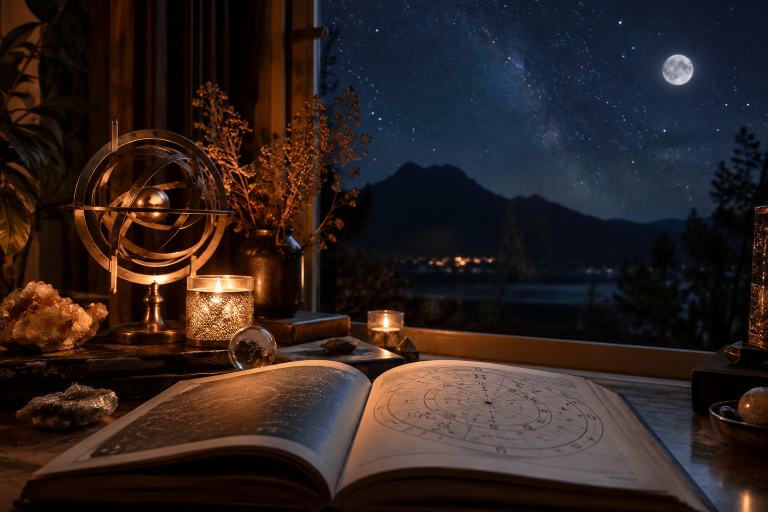 Otwarty atlas nieba z mapą gwiazd na stole przy oknie; w tle nocny krajobraz z górami, jeziorem i jasnym Księżycem.