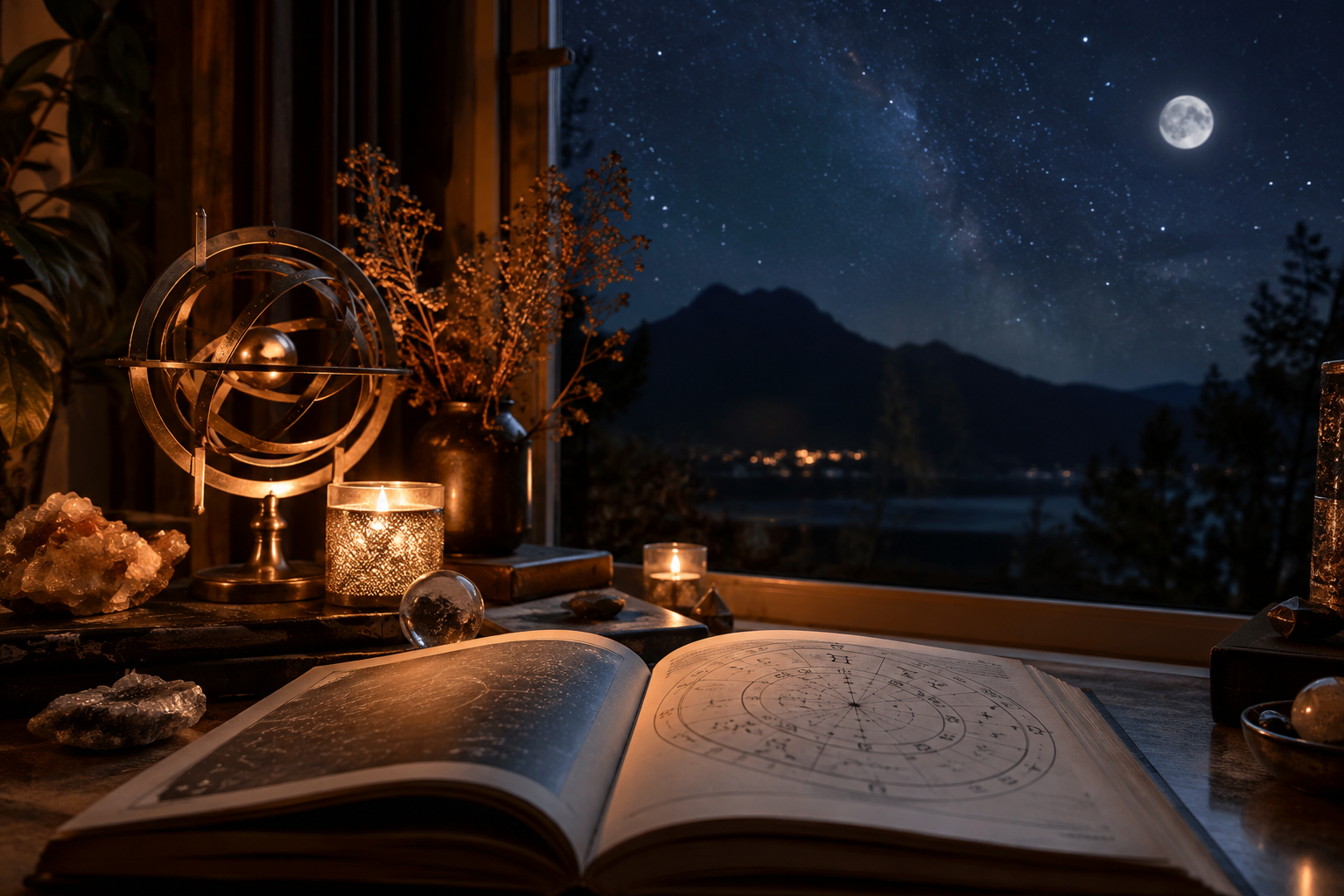 Otwarty atlas astrologiczny przy świecach i oknie z nocnym niebem, ilustrujący horoskop dzienny 31 października 2026