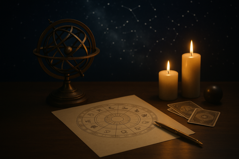 Arkusz z astrologicznym diagramem obok pióra, dwóch zapalonych świec, kart i sfery armilarnej na ciemnym tle