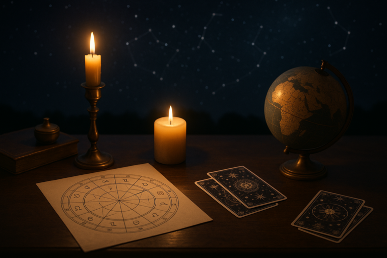 Oświetlony świecami stół z mapą astrologiczną, ozdobnymi kartami i globusem na tle rozgwieżdżonego nieba