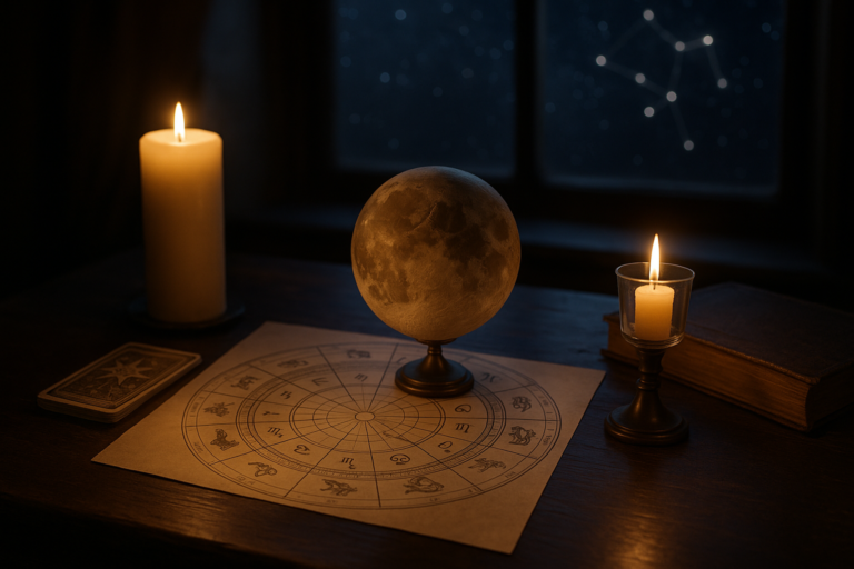 Kryształowa kula i mapa astrologiczna Kryształowa kula, świece i astrologiczna mapa na drewnianym stole w nastrojowym, ciemnym wnętrzu