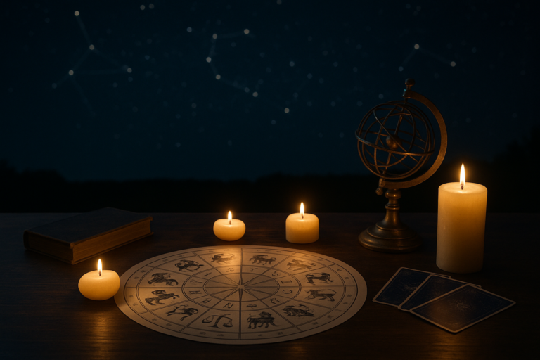 Oświetlony świecami okrągły diagram zodiaku na stole, obok globus astronomiczny, karty i zamknięta księga; w tle nocne niebo.