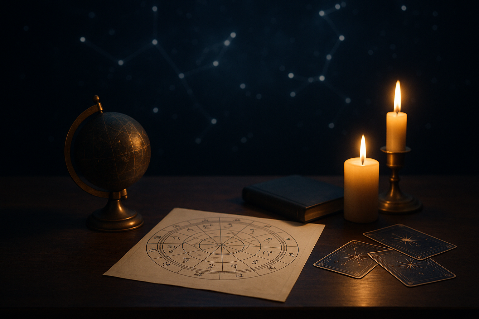 Horoskop tygodniowy 5–11 października 2026 – mapa astrologiczna, karty tarota i świece na tle gwiazdozbiorów