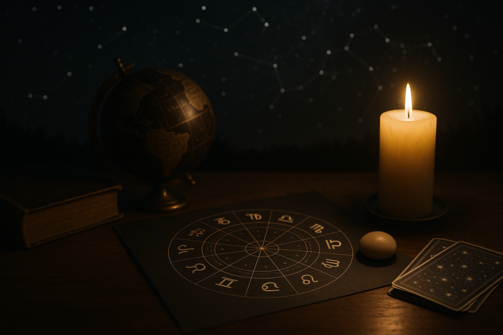 Horoskop tygodniowy 5–11 października 2026 zodiakalny krąg na tle świecy, kart i globusa