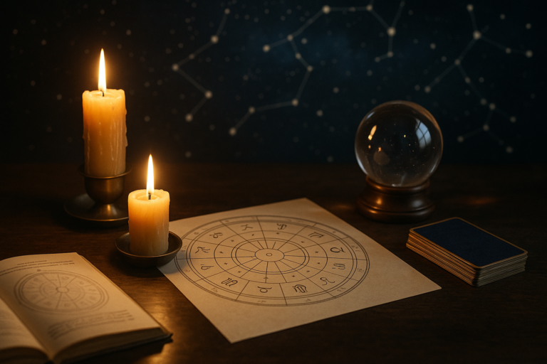 Dwie zapalone świece, kryształowa kula i schemat koła zodiaku na drewnianym stole na tle gwiazdozbiorów