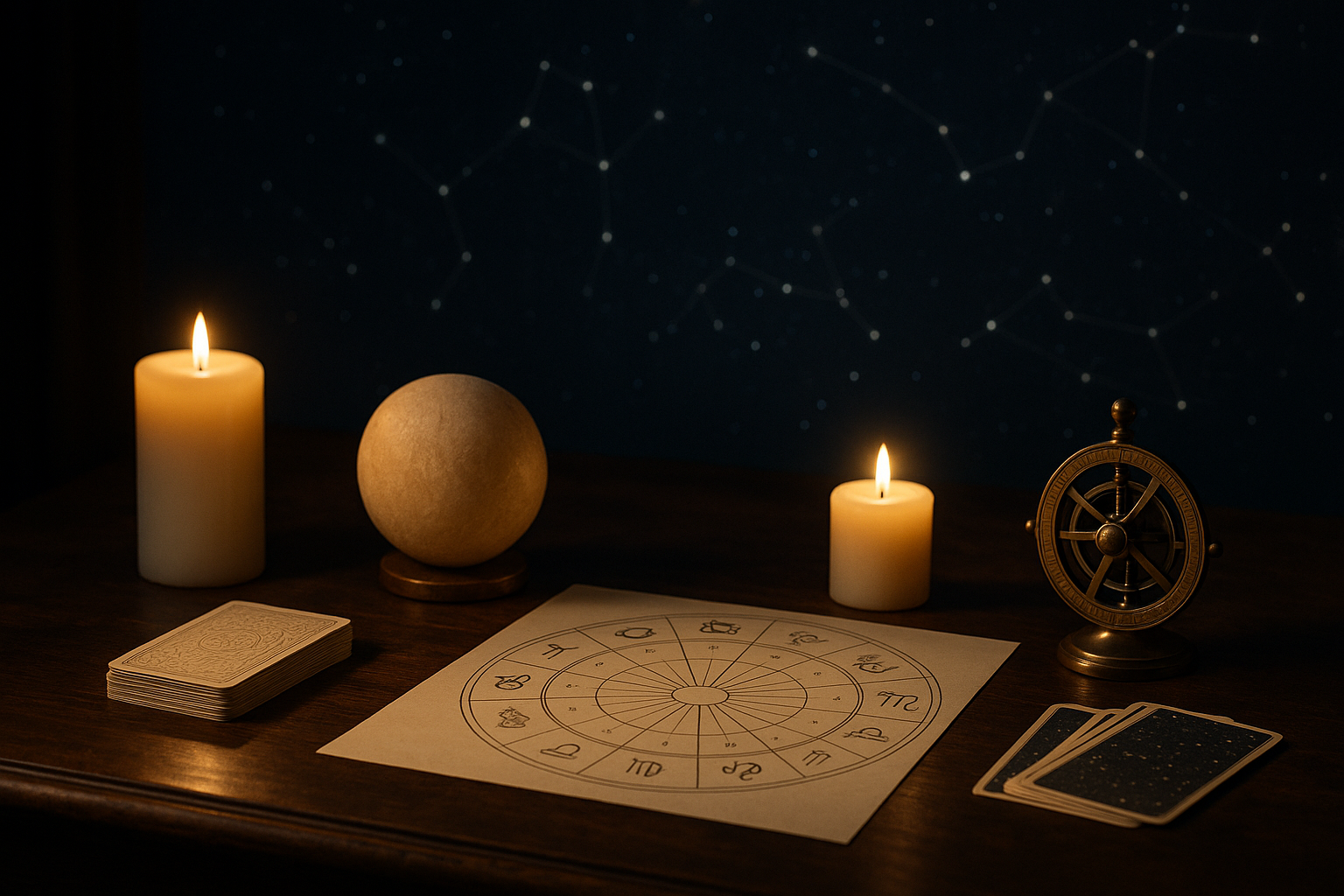 Horoskop tygodniowy 19–25 października 2026 na tle karty astrologicznej, świec, sfery i symbolu zodiaku